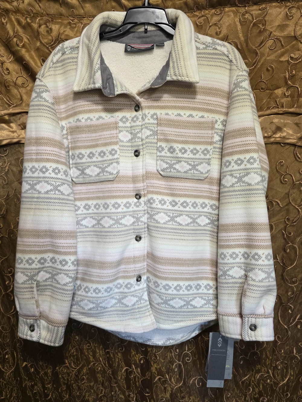 Free Country Women's Cream and Tan Striped Fleece Shacket